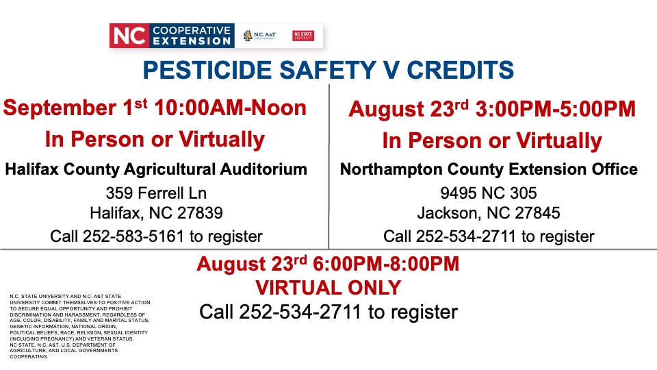 Pesticide Safety V Credits. September 1st 10:00 a.m. – noon. In person or virtually.